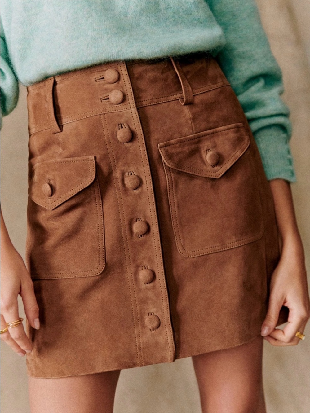 Sezane Bettie Suede Button-Front Mini Skirt - Size 8